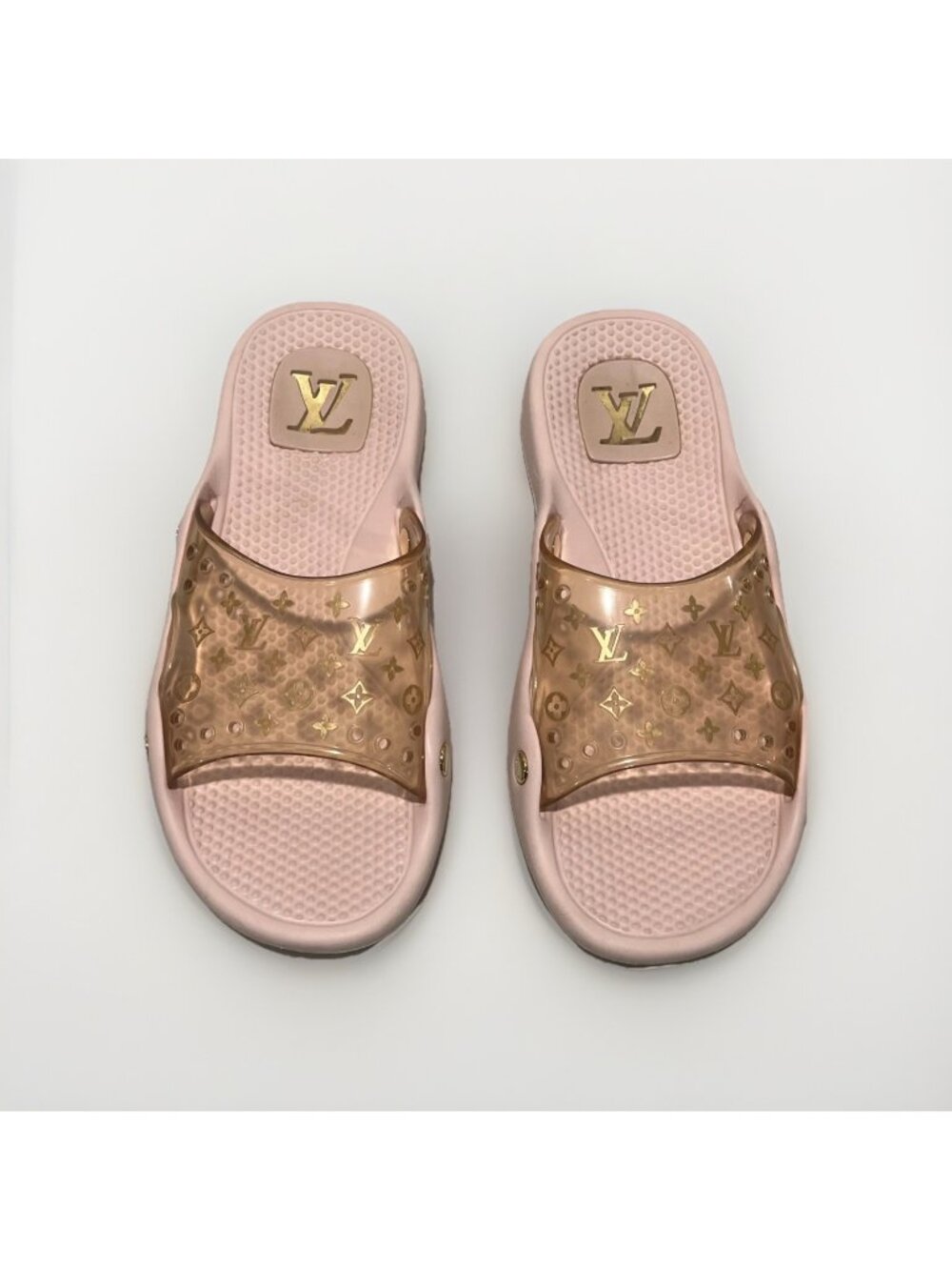 LOUIS VUITTON Mules Sandals Pink Clear Rose Gold Monogram Soft Rubber EU40 US 10
